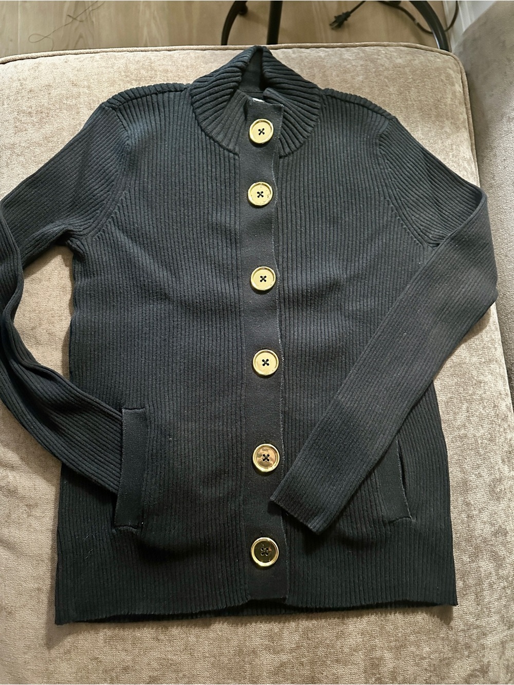 Ribbed Cardigan with Gold Buttons Vintage 90s Old Money Preppy Cotton Fall Small